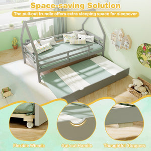 Twin House Bed with Trundle and Fence Rail-Gray view 9