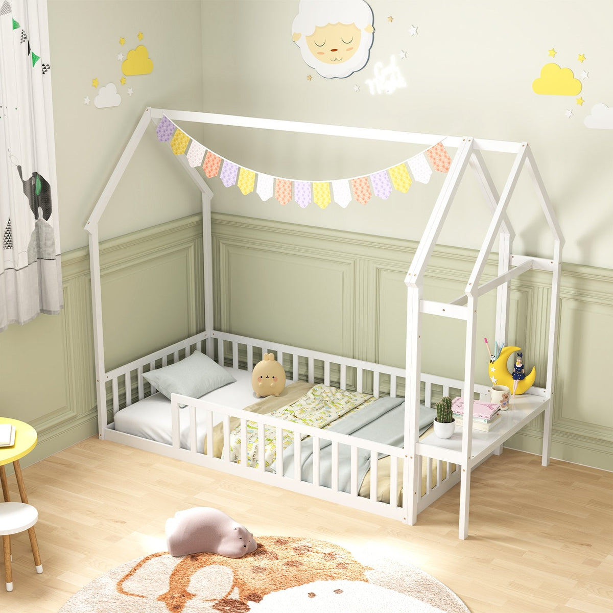 Twin House Floor Bed Montessori Bed Frame with Storage Shelf-White view 2
