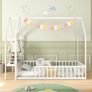 Twin House Floor Bed Montessori Bed Frame with Storage Shelf-White view 3