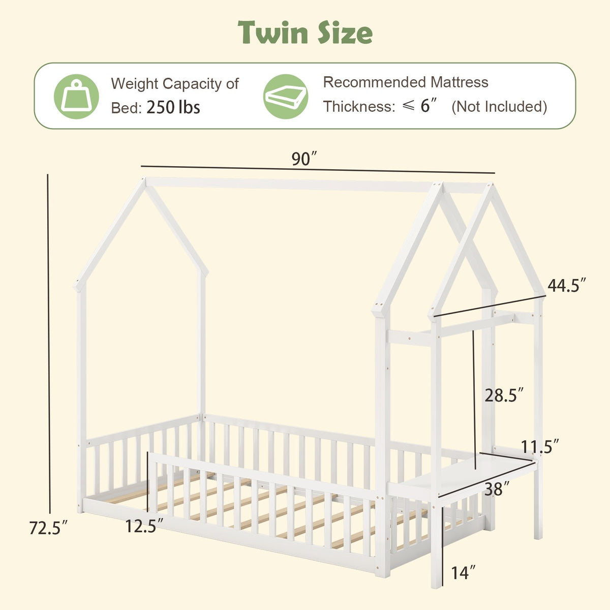 Twin House Floor Bed Montessori Bed Frame with Storage Shelf-White view 4