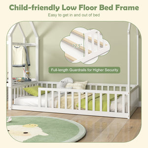 Twin House Floor Bed Montessori Bed Frame with Storage Shelf-White view 6