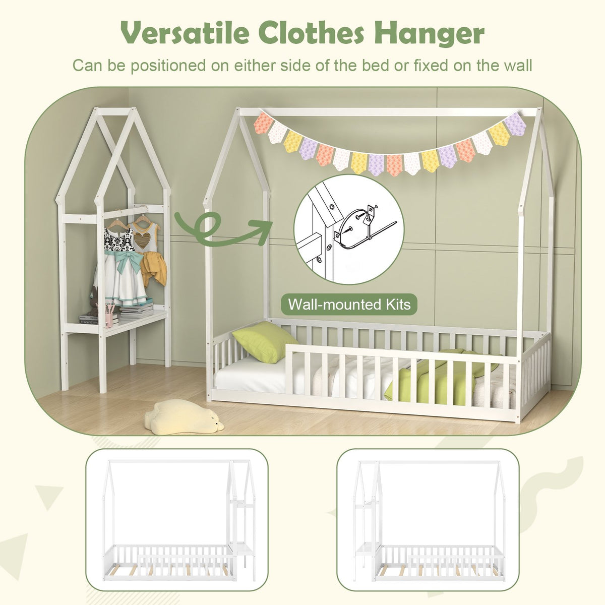 Twin House Floor Bed Montessori Bed Frame with Storage Shelf-White view 7