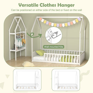 Twin House Floor Bed Montessori Bed Frame with Storage Shelf-White view 7