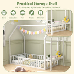 Twin House Floor Bed Montessori Bed Frame with Storage Shelf-White view 9