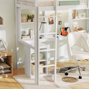Twin Loft Bed with LED Light and Desk No Box Spring Needed-White view 2