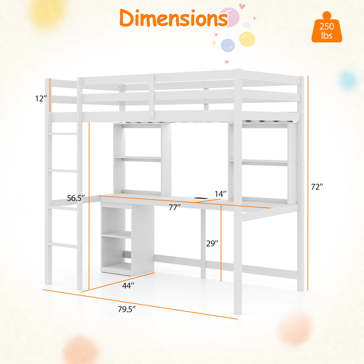 Twin Loft Bed with LED Light and Desk No Box Spring Needed-White view 4