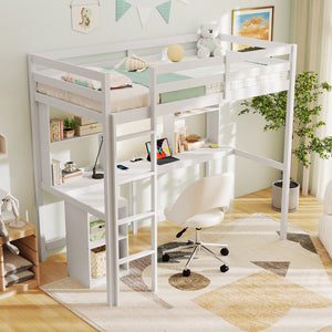 Twin Loft Bed with LED Light and Desk No Box Spring Needed-White view 5