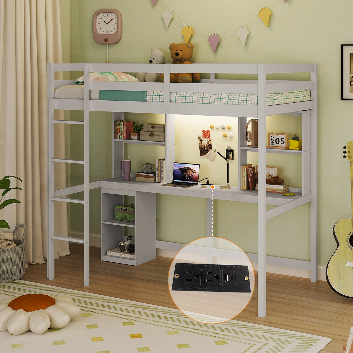 Twin Loft Bed with LED Light and Desk No Box Spring Needed-White view 6