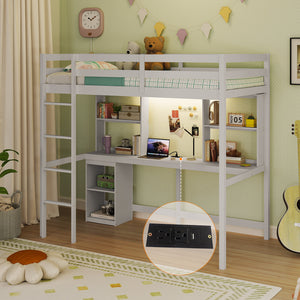 Twin Loft Bed with LED Light and Desk No Box Spring Needed-White view 6