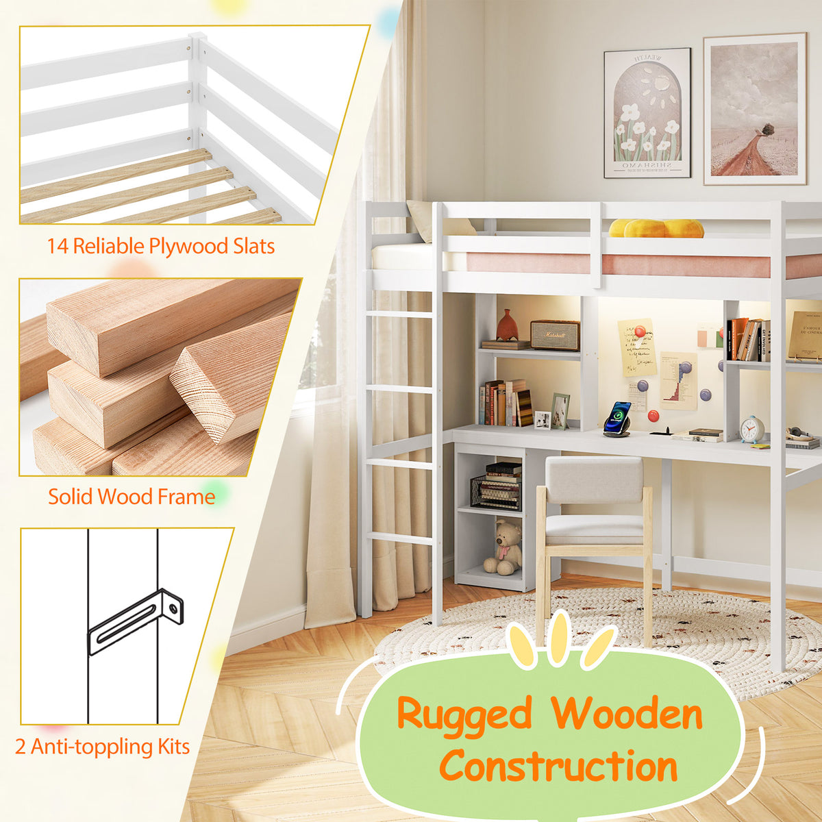 Twin Loft Bed with LED Light and Desk No Box Spring Needed-White view 9