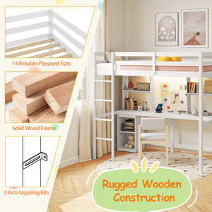 Twin Loft Bed with LED Light and Desk No Box Spring Needed-White view 9