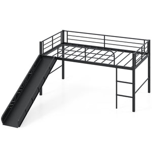 Twin Metal Loft Bed with Slide with Safety Guardrails and Built-in Ladder-Black