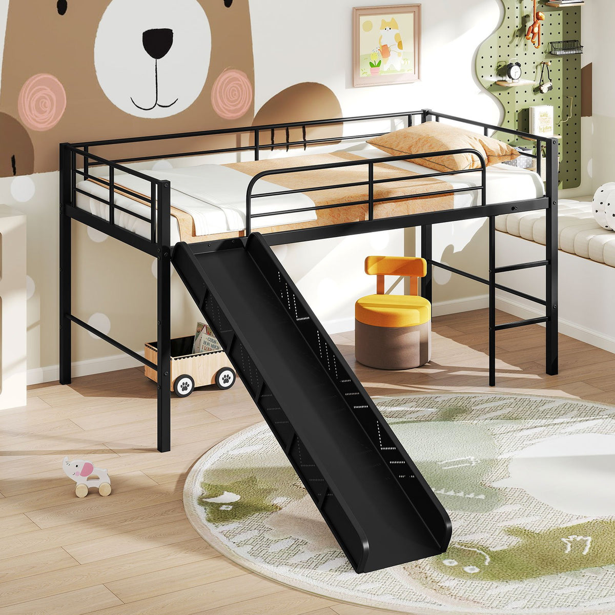 Twin Metal Loft Bed with Slide with Safety Guardrails and Built-in Ladder-Black view 3