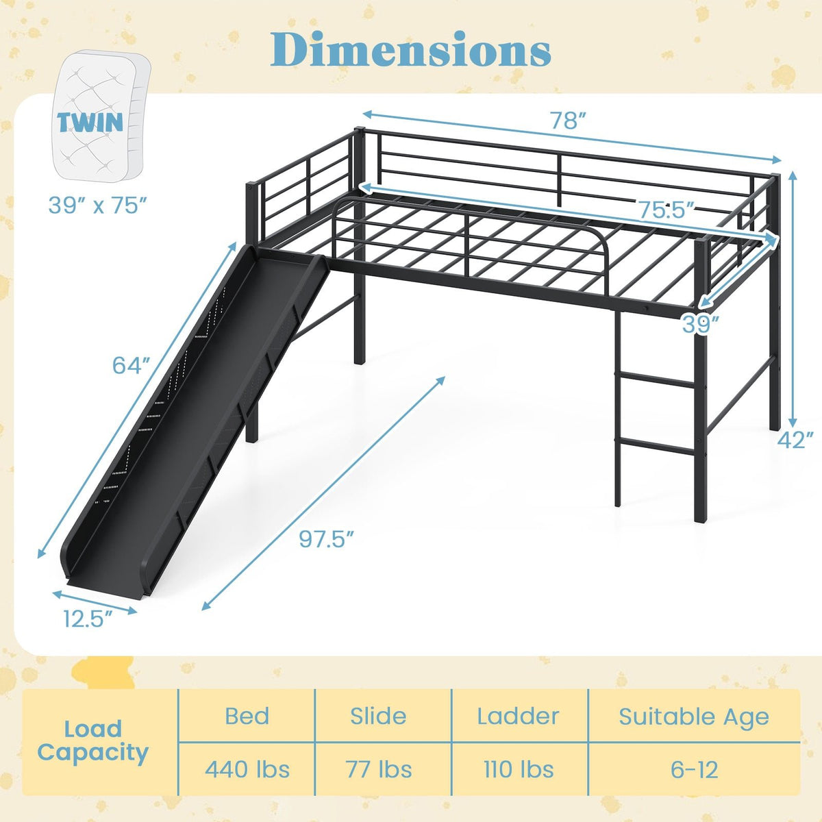 Twin Metal Loft Bed with Slide with Safety Guardrails and Built-in Ladder-Black view 4