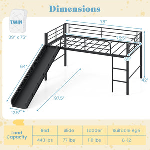 Twin Metal Loft Bed with Slide with Safety Guardrails and Built-in Ladder-Black view 4
