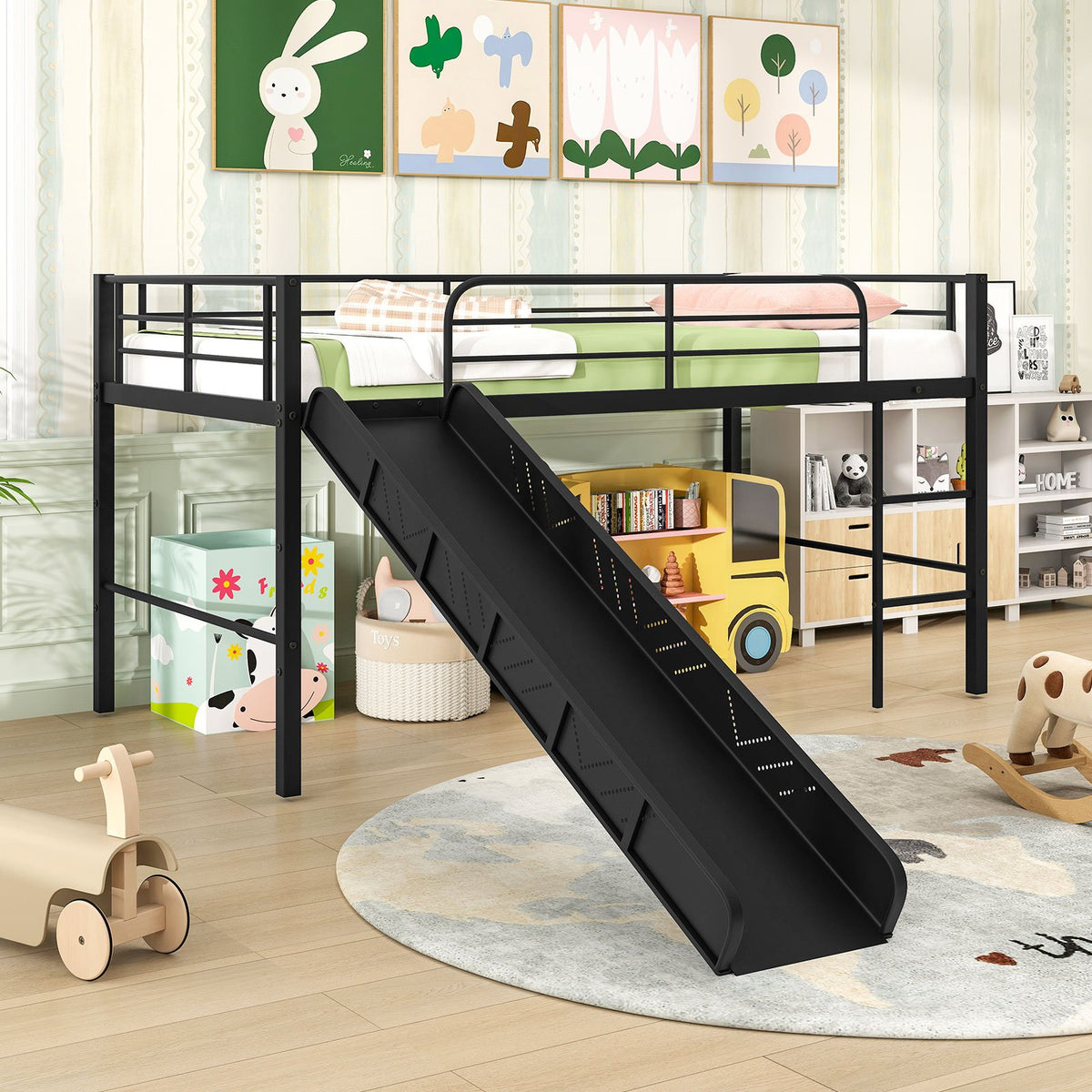 Twin Metal Loft Bed with Slide with Safety Guardrails and Built-in Ladder-Black view 5