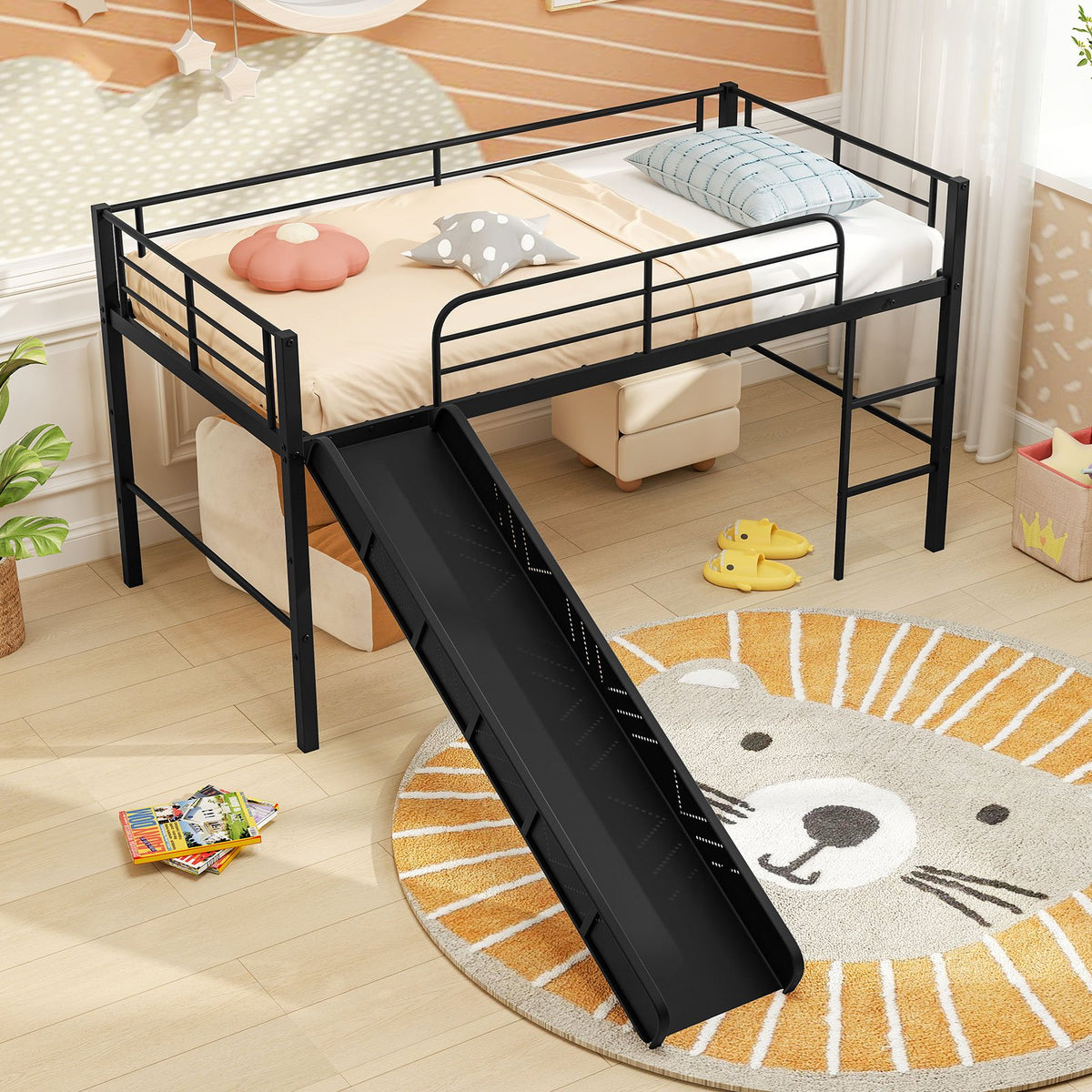 Twin Metal Loft Bed with Slide with Safety Guardrails and Built-in Ladder-Black view 6