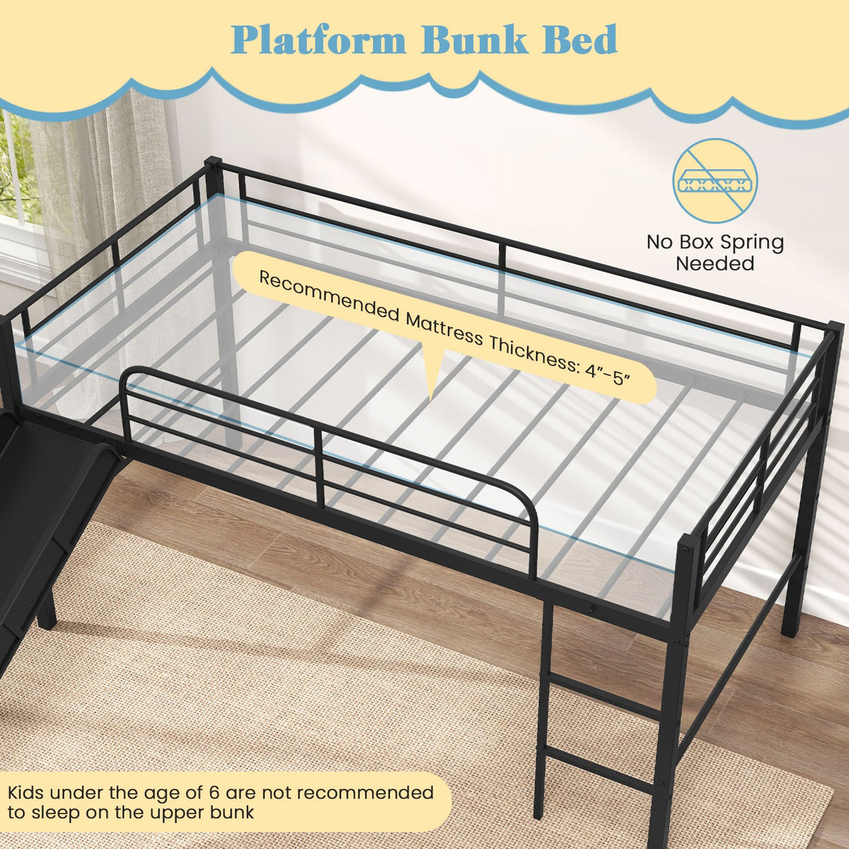 Twin Metal Loft Bed with Slide with Safety Guardrails and Built-in Ladder-Black view 7