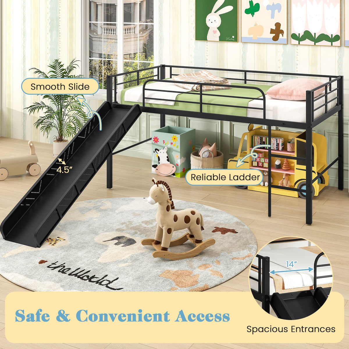Twin Metal Loft Bed with Slide with Safety Guardrails and Built-in Ladder-Black view 8