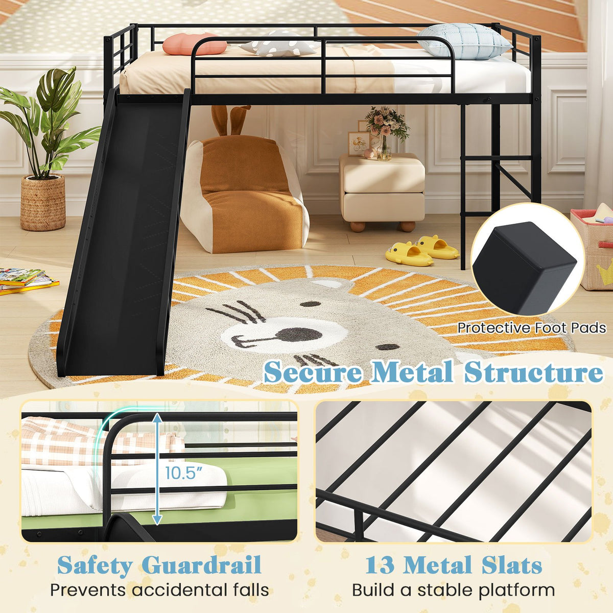 Twin Metal Loft Bed with Slide with Safety Guardrails and Built-in Ladder-Black view 9