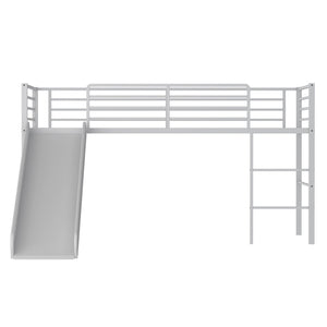 Twin Metal Loft Bed with Slide with Safety Guardrails and Built-in Ladder-Silver