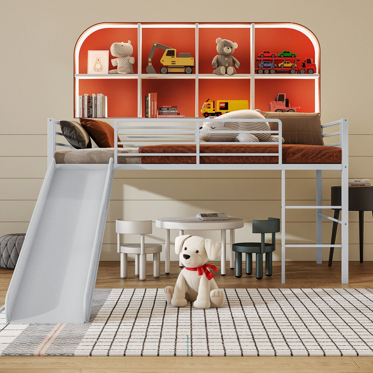 Twin Metal Loft Bed with Slide with Safety Guardrails and Built-in Ladder-Silver view 2