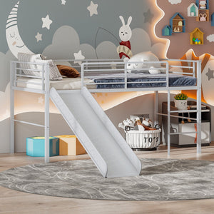 Twin Metal Loft Bed with Slide with Safety Guardrails and Built-in Ladder-Silver view 3