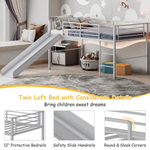 Twin Metal Loft Bed with Slide with Safety Guardrails and Built-in Ladder-Silver view 6