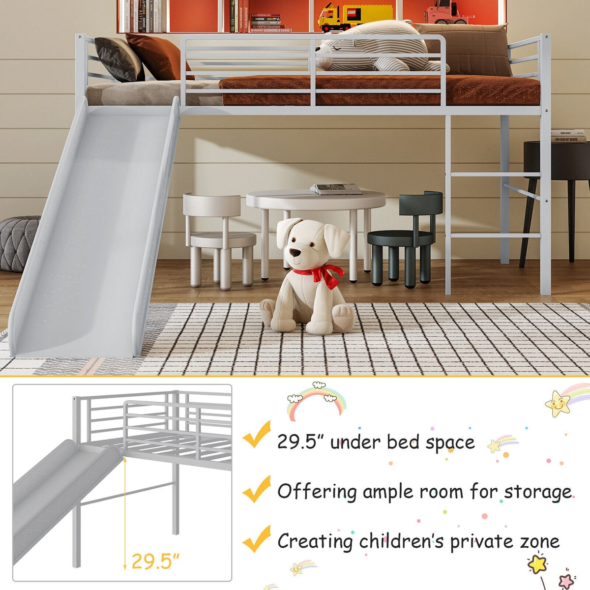Twin Metal Loft Bed with Slide with Safety Guardrails and Built-in Ladder-Silver view 7