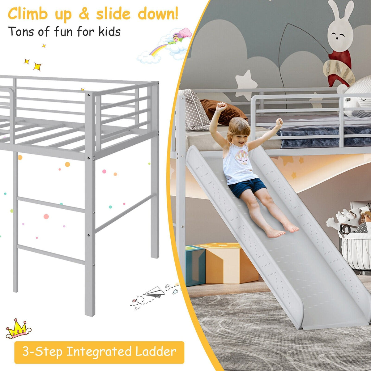 Twin Metal Loft Bed with Slide with Safety Guardrails and Built-in Ladder-Silver view 8