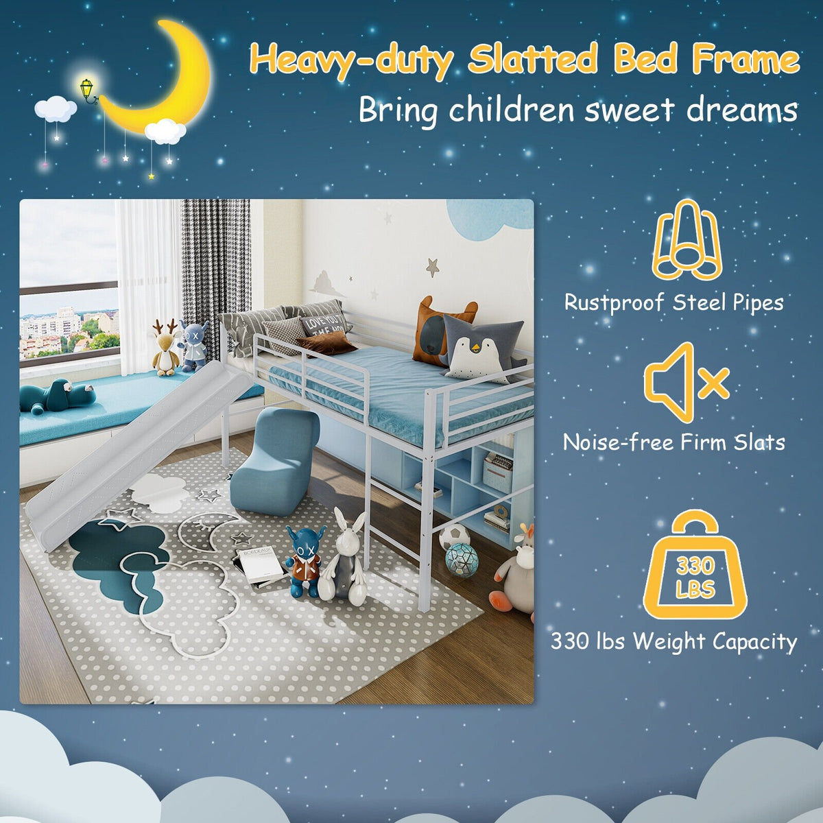 Twin Metal Loft Bed with Slide with Safety Guardrails and Built-in Ladder-Silver view 9