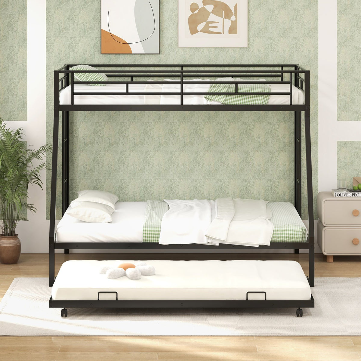 Twin Over Full Bunk Bed Frame with Trundle for Guest Room-Black view 3