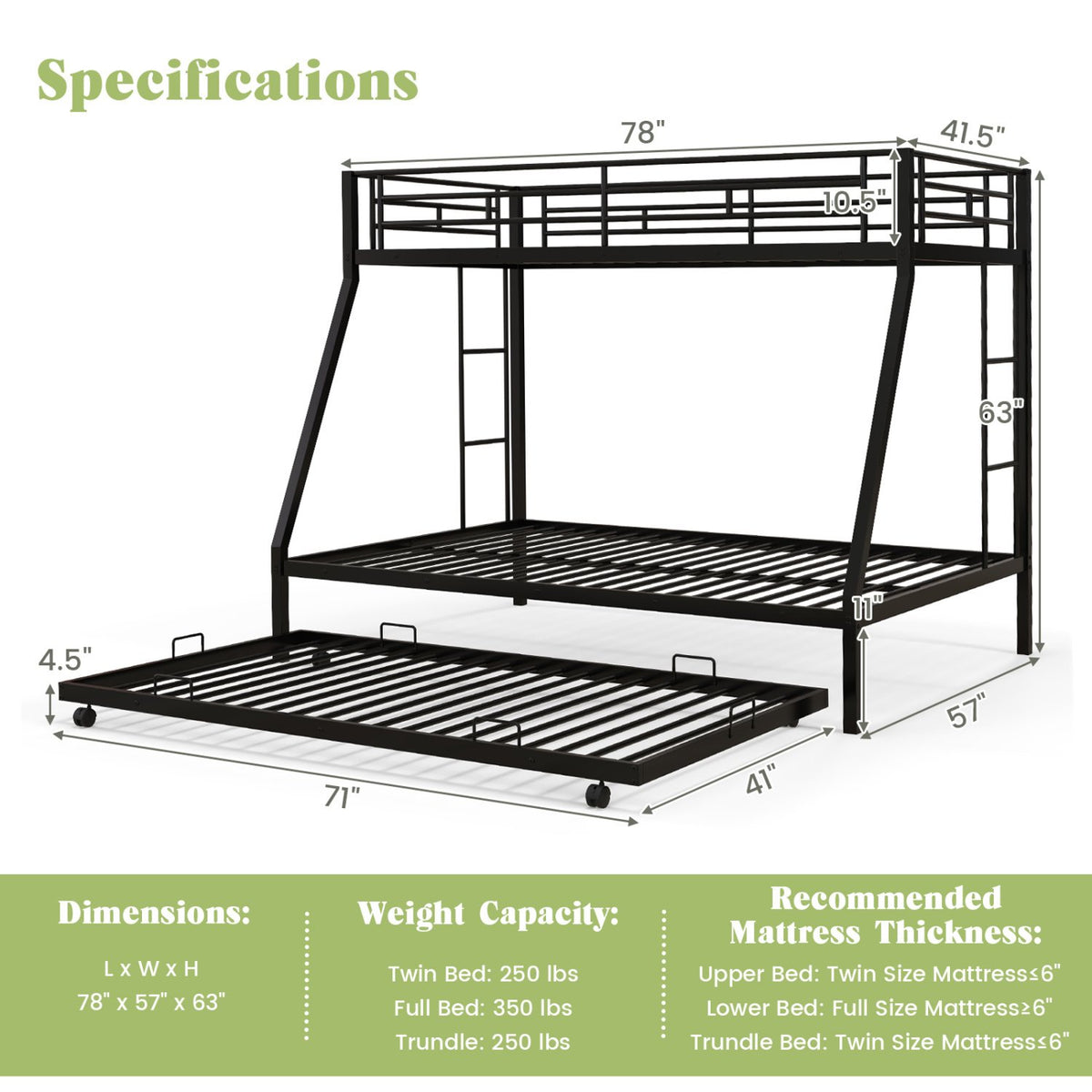 Twin Over Full Bunk Bed Frame with Trundle for Guest Room-Black view 5