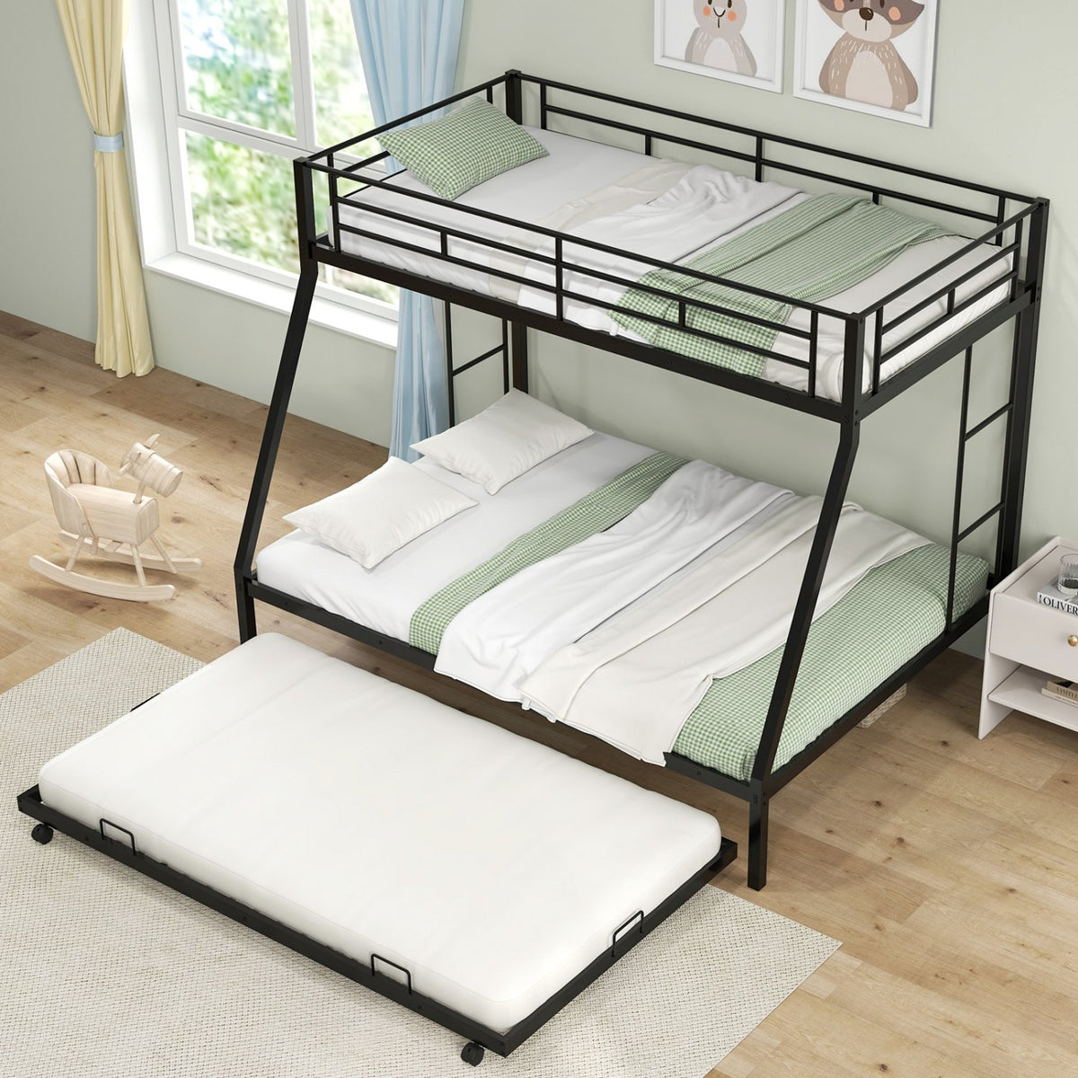 Twin Over Full Bunk Bed Frame with Trundle for Guest Room-Black view 7