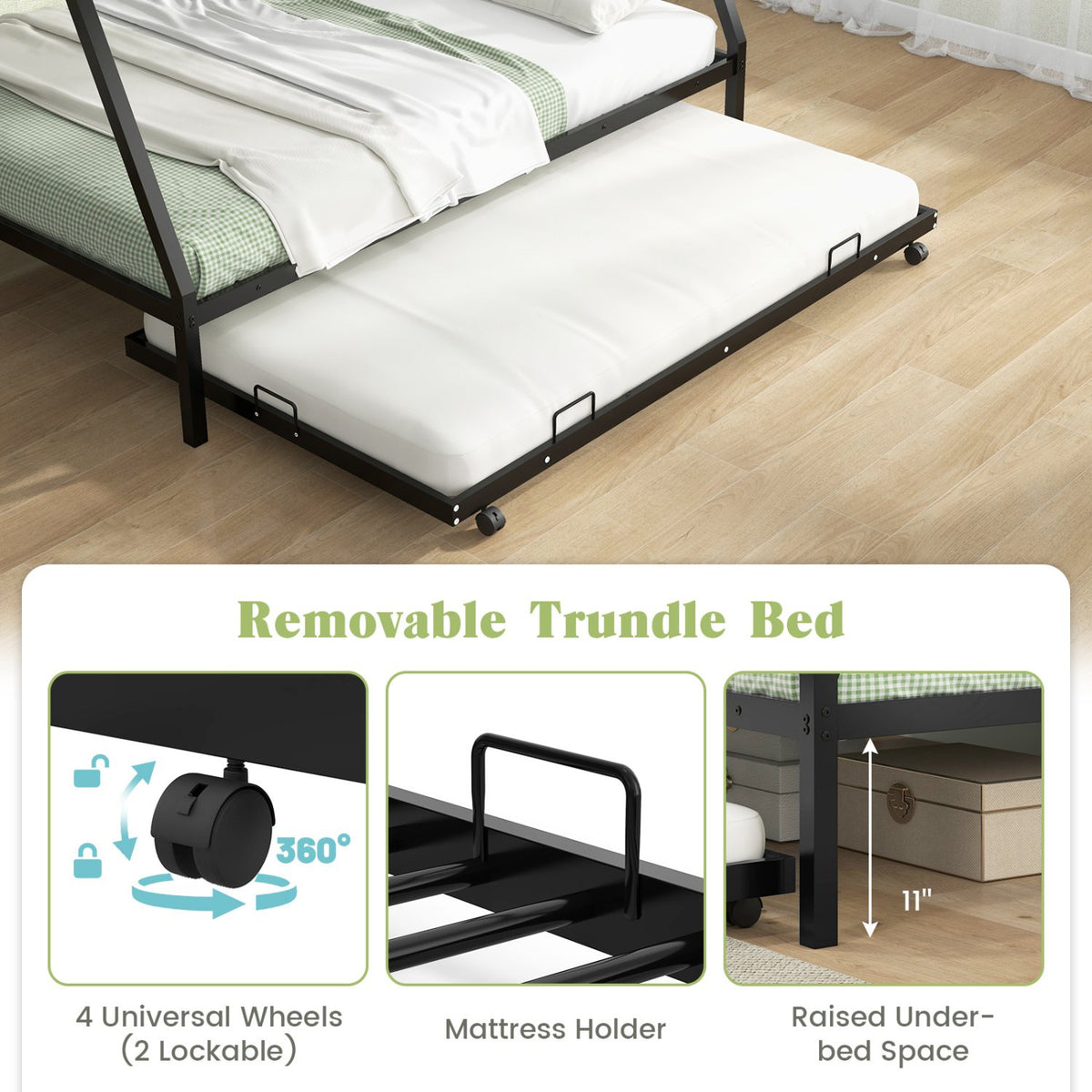 Twin Over Full Bunk Bed Frame with Trundle for Guest Room-Black view 8