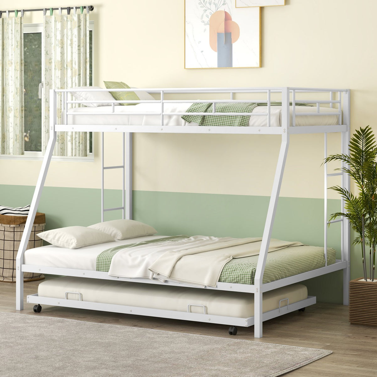 Twin Over Full Bunk Bed Frame with Trundle for Guest Room-White view 3