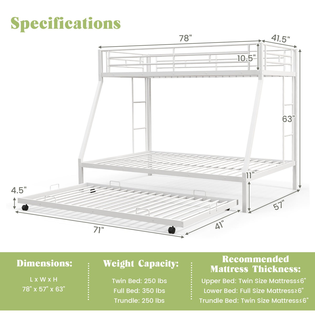 Twin Over Full Bunk Bed Frame with Trundle for Guest Room-White view 4