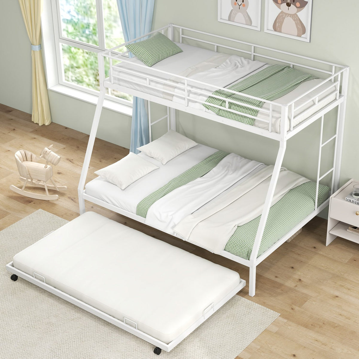 Twin Over Full Bunk Bed Frame with Trundle for Guest Room-White view 6