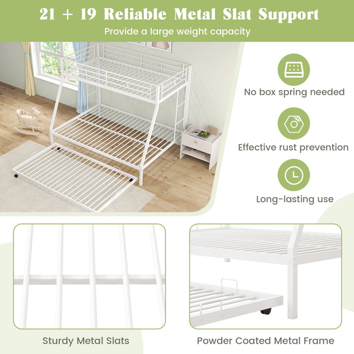 Twin Over Full Bunk Bed Frame with Trundle for Guest Room-White view 8