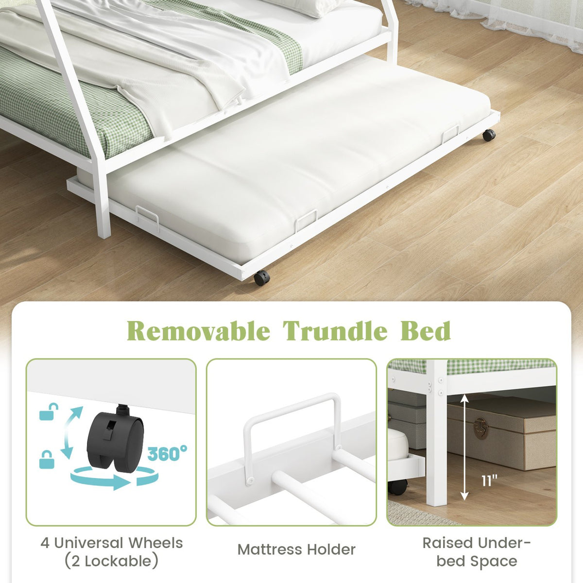 Twin Over Full Bunk Bed Frame with Trundle for Guest Room-White view 9