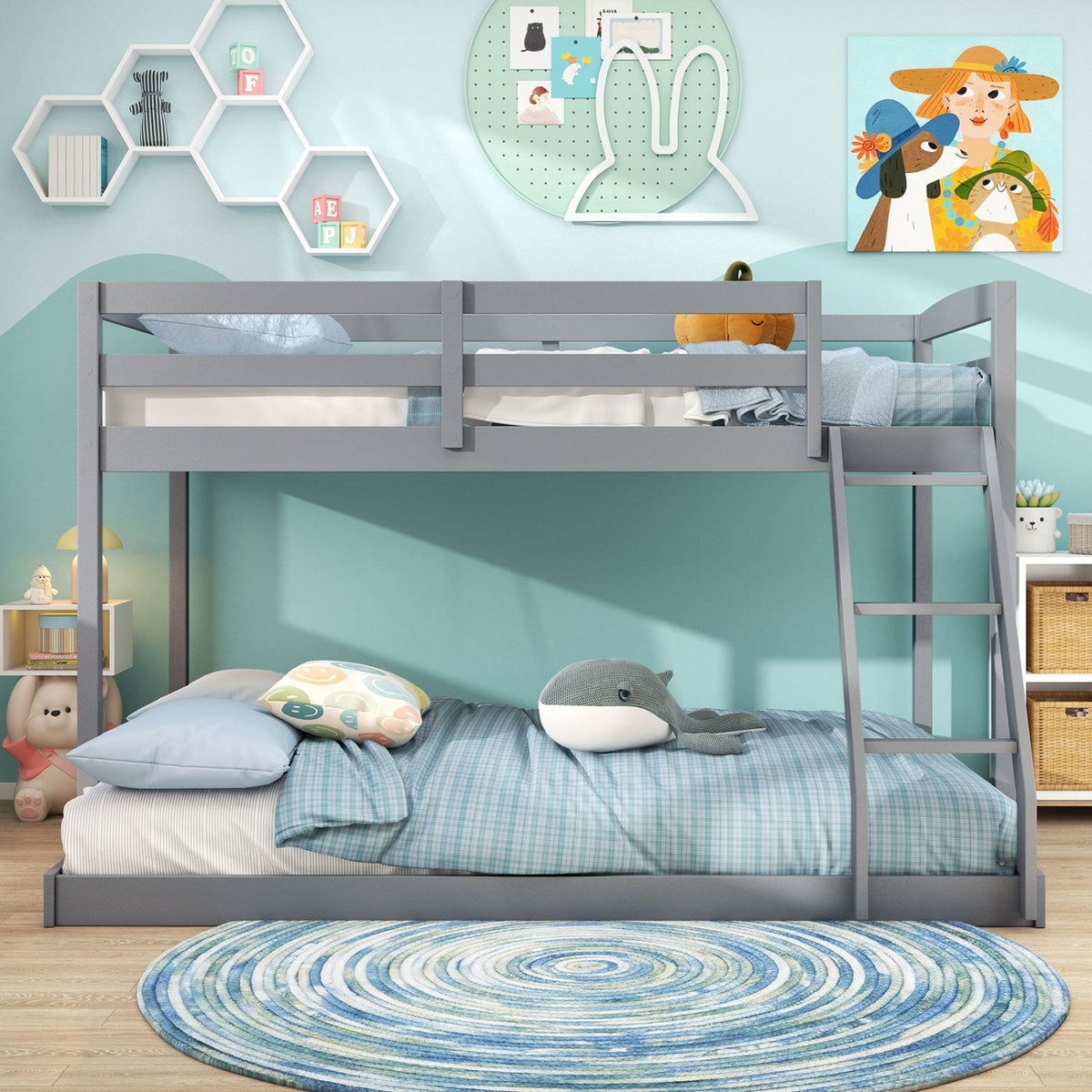 Twin Over Full Bunk Bed Low Floor Bunk Bed Frame-Gray view 5