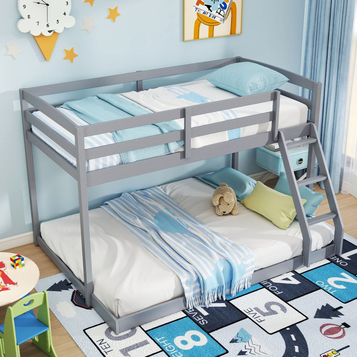 Twin Over Full Bunk Bed Low Floor Bunk Bed Frame-Gray view 6