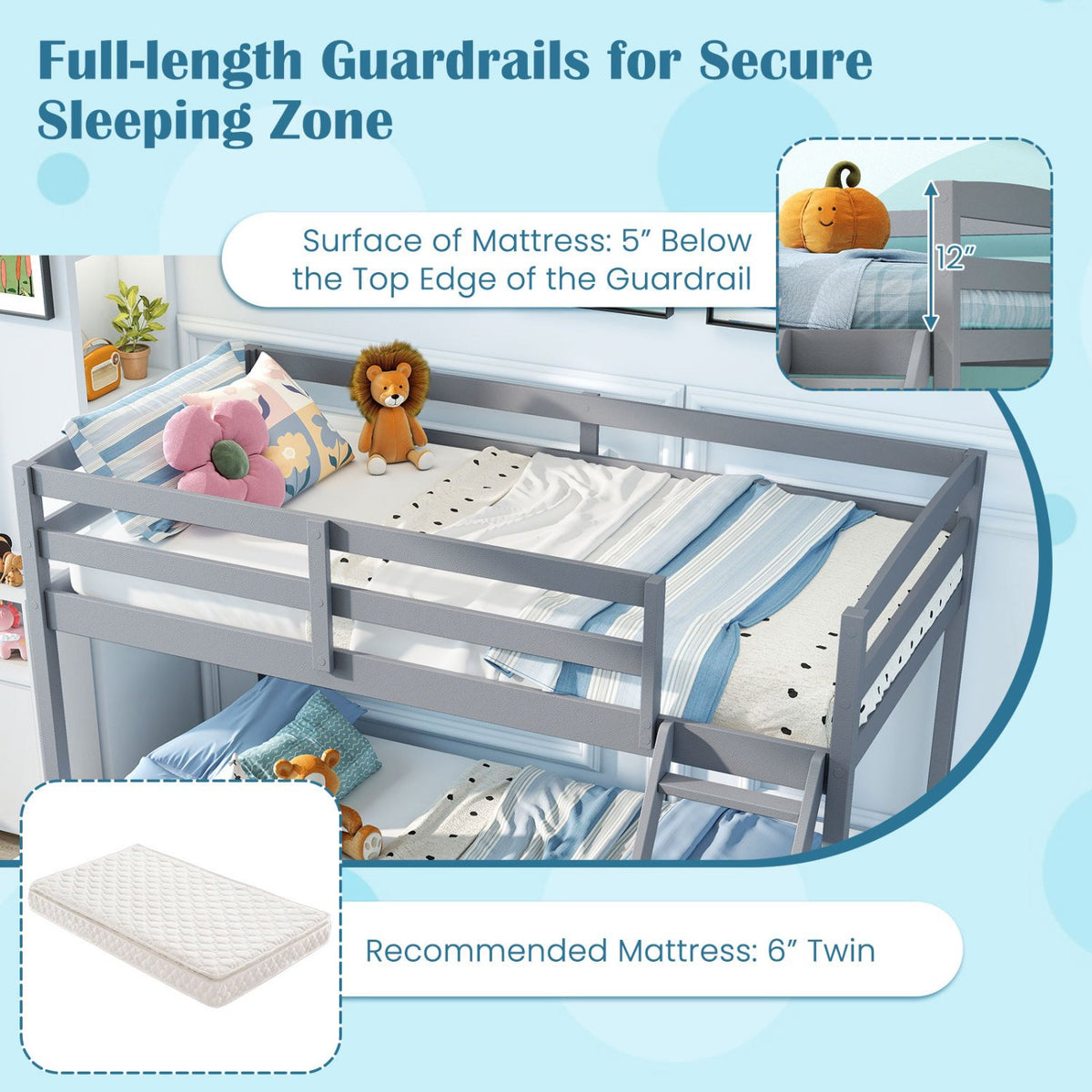 Twin Over Full Bunk Bed Low Floor Bunk Bed Frame-Gray view 8