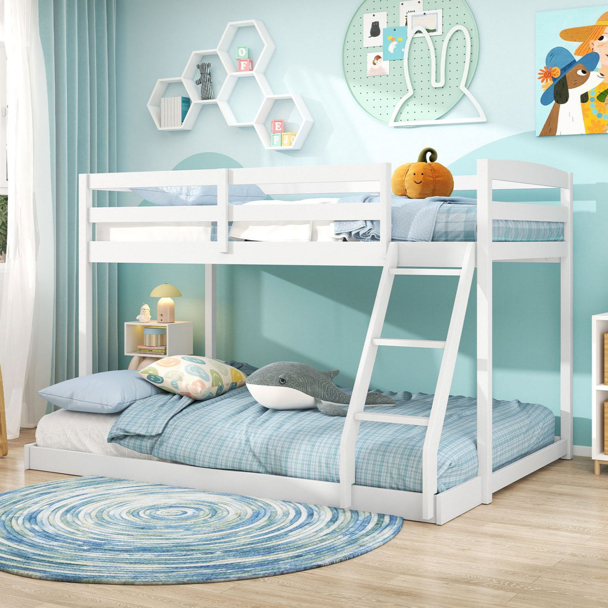 Twin Over Full Bunk Bed Low Floor Bunk Bed Frame-White view 2