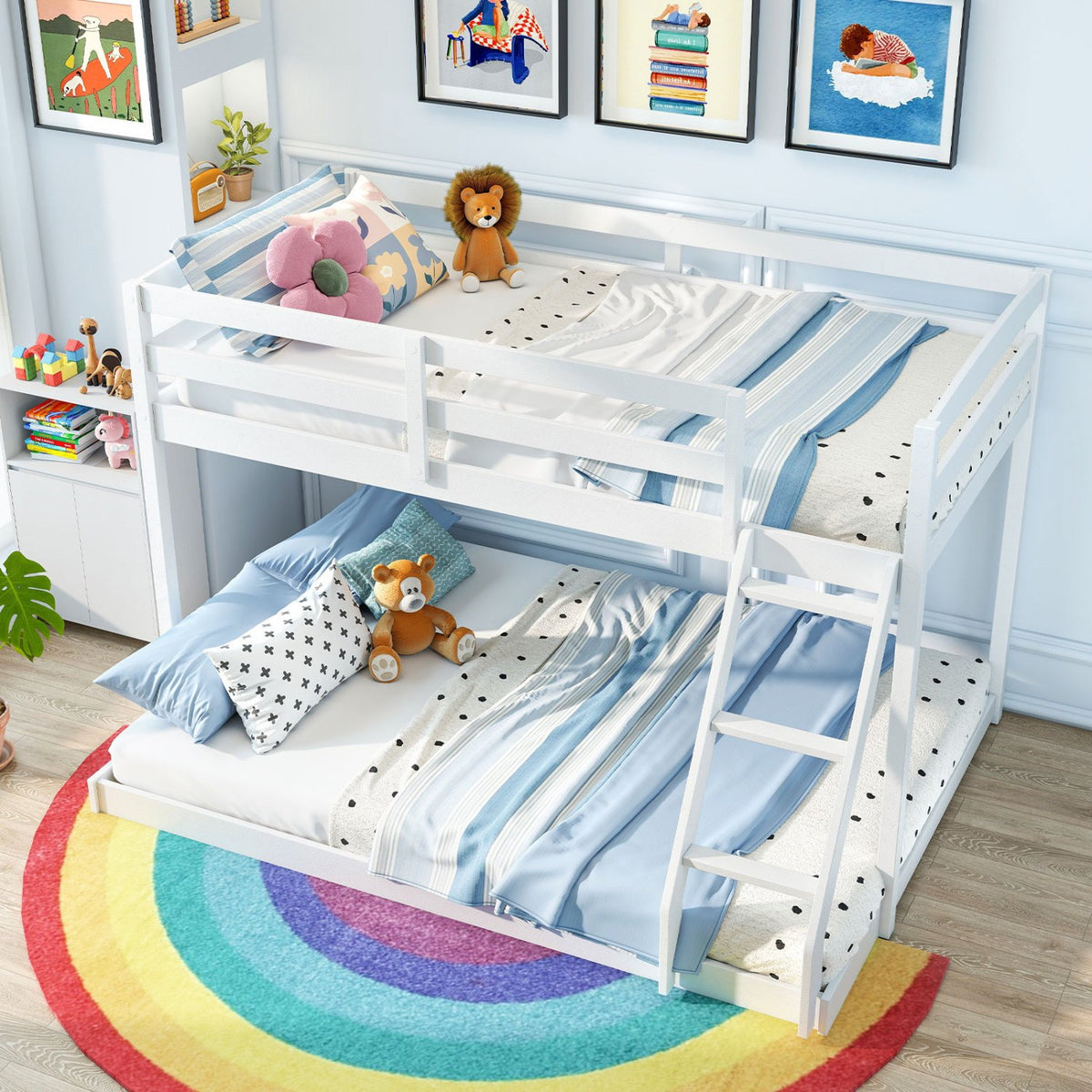 Twin Over Full Bunk Bed Low Floor Bunk Bed Frame-White view 3