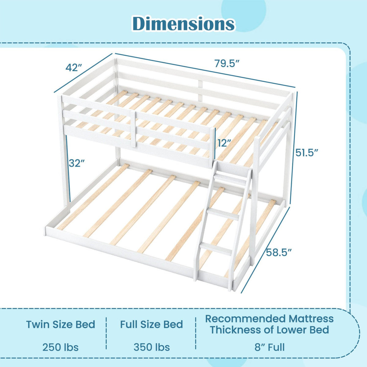 Twin Over Full Bunk Bed Low Floor Bunk Bed Frame-White view 4