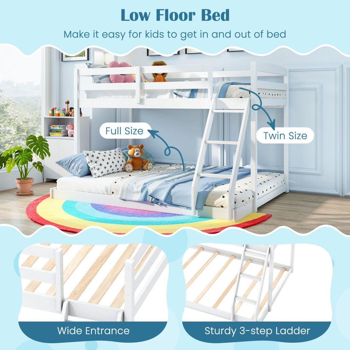 Twin Over Full Bunk Bed Low Floor Bunk Bed Frame-White view 9
