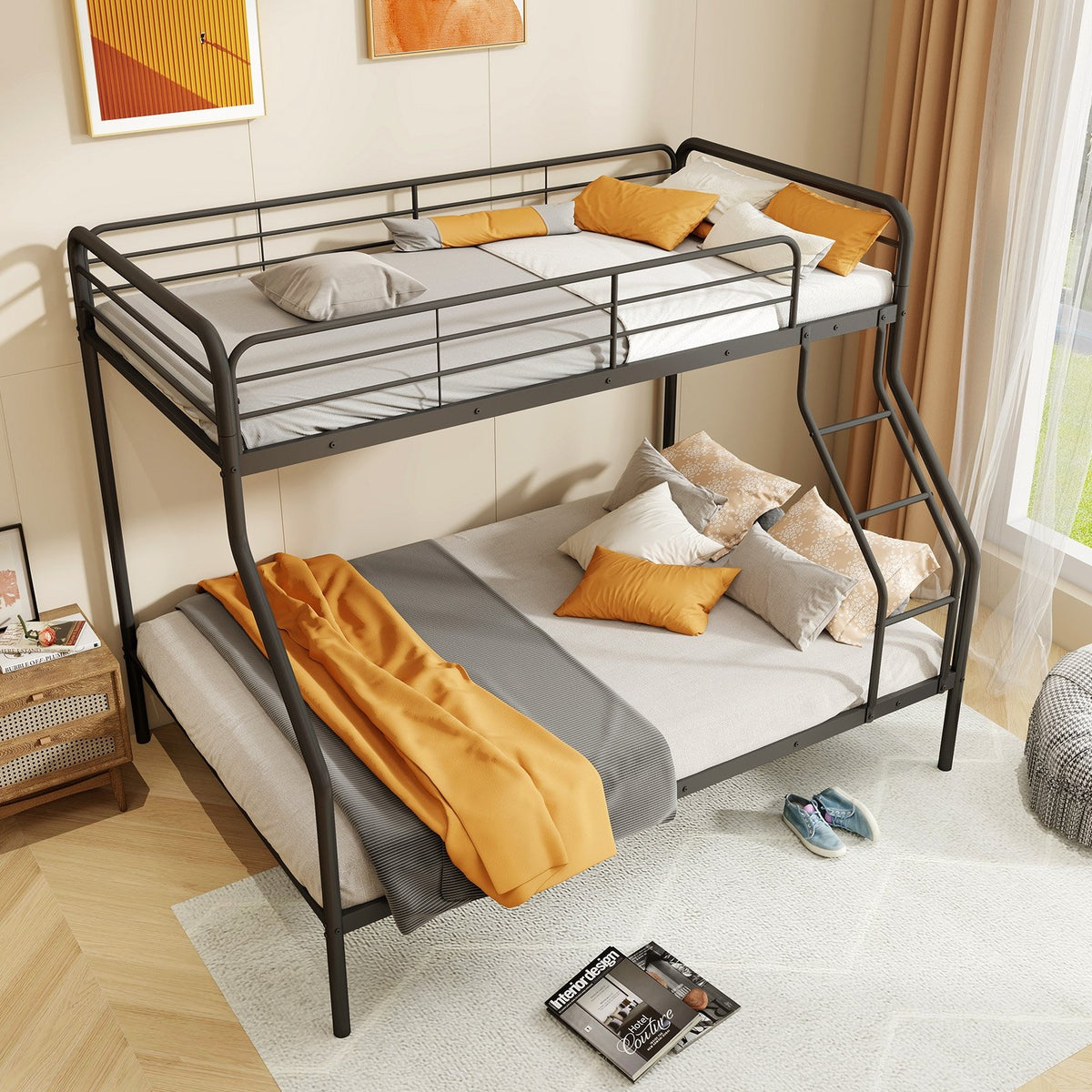 Twin Over Full Bunk Bed with Ladder and Full-length Guardrails-Black view 3