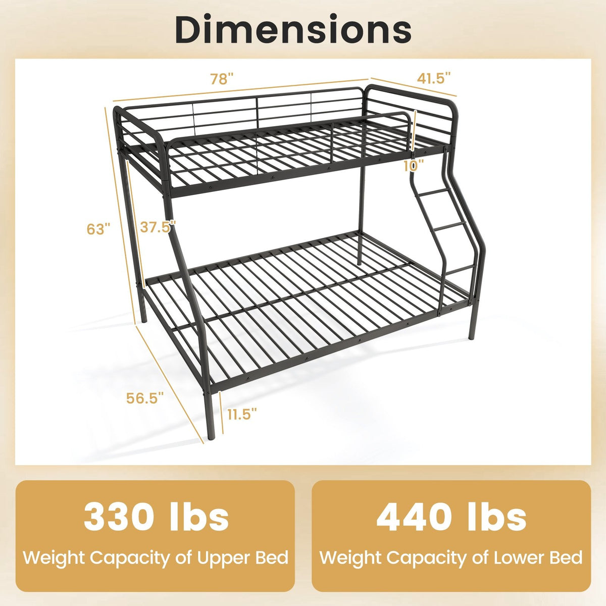 Twin Over Full Bunk Bed with Ladder and Full-length Guardrails-Black view 4