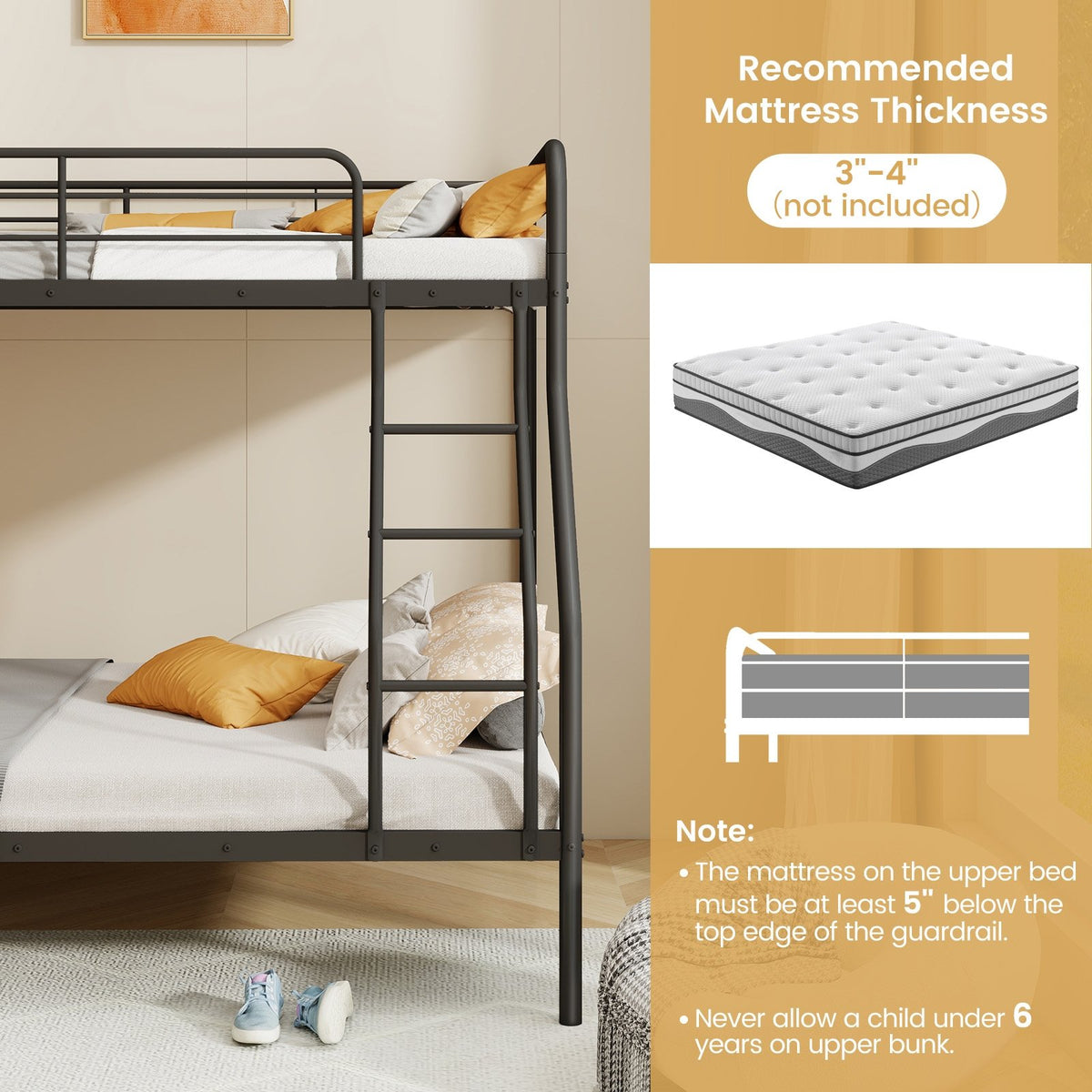 Twin Over Full Bunk Bed with Ladder and Full-length Guardrails-Black view 7